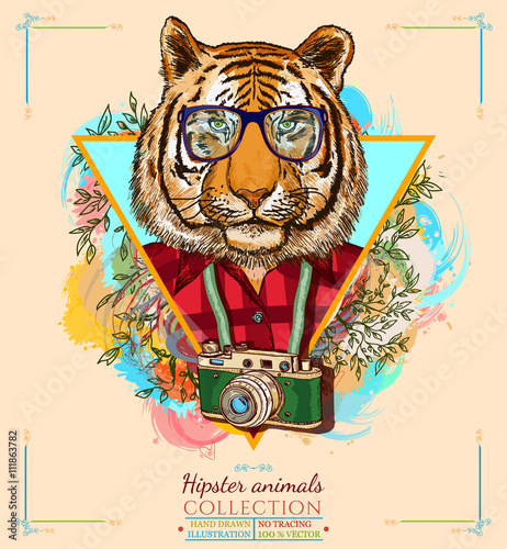 Portrait of fashion tiger, hipster animals