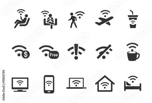 Vector Wi-Fi icons set: Wi-Fi in public area, Internet cafe, Wi-Fi hot spot