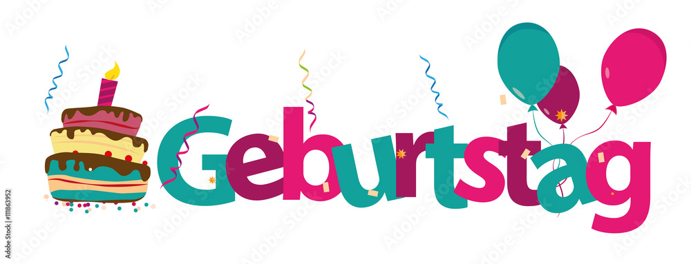 Geburtstag Schriftzug mit Torte, Luftballons und Konfetti Vektor Stock Vector  Adobe Stock