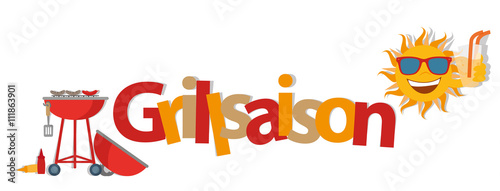 Grillsaison Schriftzug mit BBQ Grill und Sonne Vektor