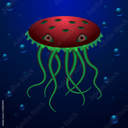 Ocean creature with big eyes and long tentacles. unusual deep water creature in red and green colors