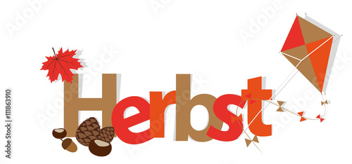 Herbst Schriftzug mit Drachen und Kastanien Vektor