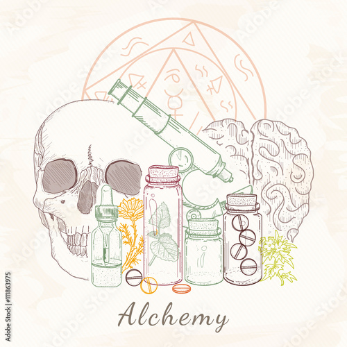 Alchemy skull microscope medieval science