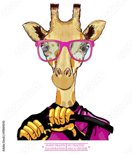 Giraffe driving a car hipster animals fashion illustration