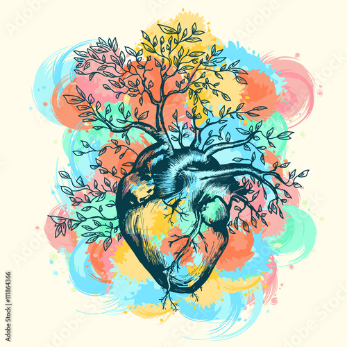 Anatomical human heart from which the tree grows splashes
