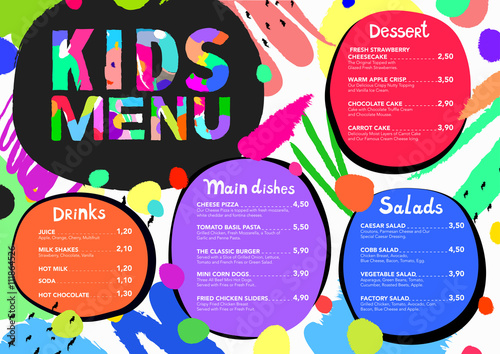 Cute colorful meal kids menu template with brush strokes and colorful splashes