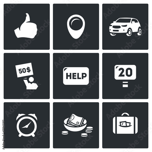 Vector Set of Hitchhiking tourism Icons. Thumb, place, Car, Price, Help, Road, Time, Low Cost, Luggage.