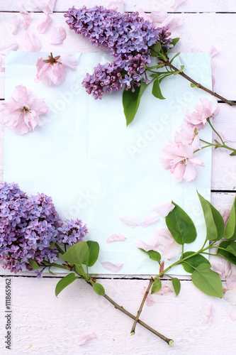 Fresh, romantic lilac branches on white subtle background photo