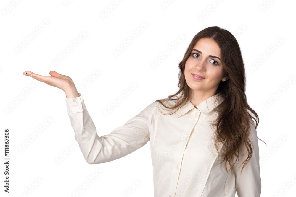 Business woman presenting with one hand, isolated on white background Business woman presenting with one hand, isolated on white background