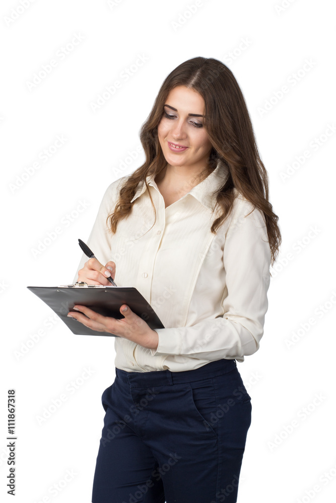 Business woman with clipboard isolated on white Business woman with clipboard isolated on white