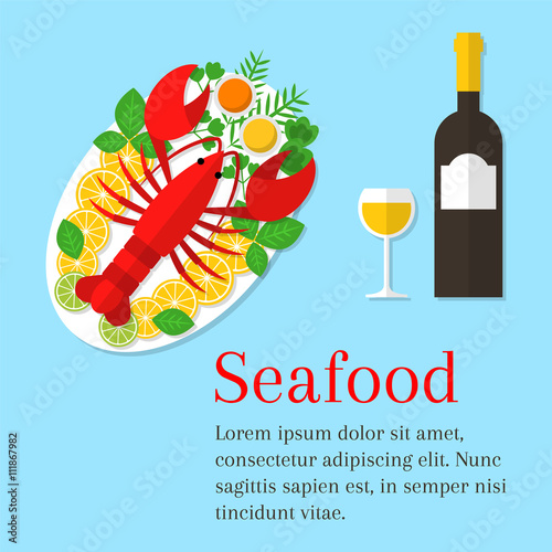 Seafood platter vector flat illustration. Lobster on a plate with lemon and wine bottle. Fresh seafood background. Seafood restaurant menu. Seafood dinner.