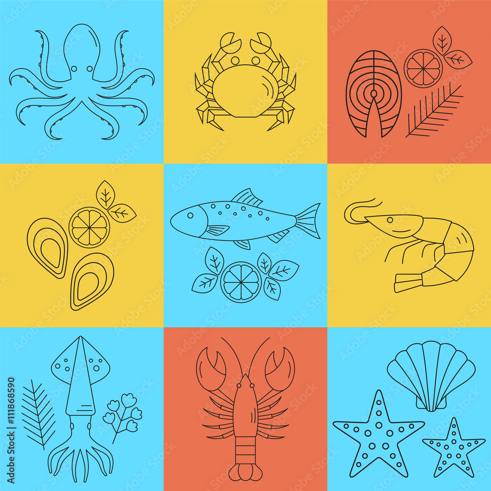 Seafood vector flat line icons set. Vector illustrations of lobster, crab, salmon, fish, squid, oyster, shrimp, octopus, eel isolated. Seafood menu background. Fresh seafood restaurant illustration.