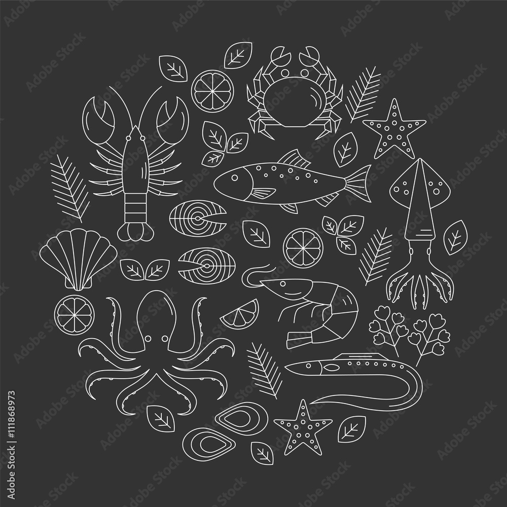 Seafood vector flat line icons set. Vector illustrations of lobster, crab, salmon, fish, squid, oyster, shrimp, octopus, eel. Seafood menu background. Fresh seafood restaurant illustration.