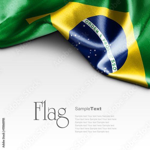 Flag of Brazil on white background. Sample text. photo