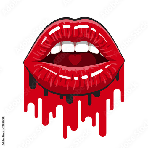 open woman mouth with red lips and paint flows