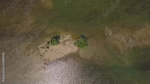 Flight over the river Drina Serbia. Aerial view of river Drina. Footage recorder from drone in full HD resolution.View down the river. Looking down to the water and shoal and trees 