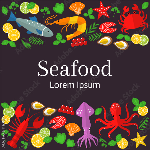 Fresh seafood background. Vector flat illustrations of lobster, crab, salmon, fish, squid, oyster, shrimp, octopus, eel. Seafood restaurant banner.