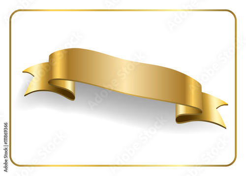 Gold satin empty ribbon. Golden blank banner. Design decoration element, isolated on white background. Vintage retro style. Template flag, greeting, card. Symbol guarantee product. Vector illustration