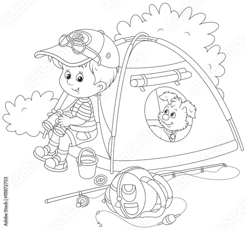 Little boy scout and his pup resting in their camping tent