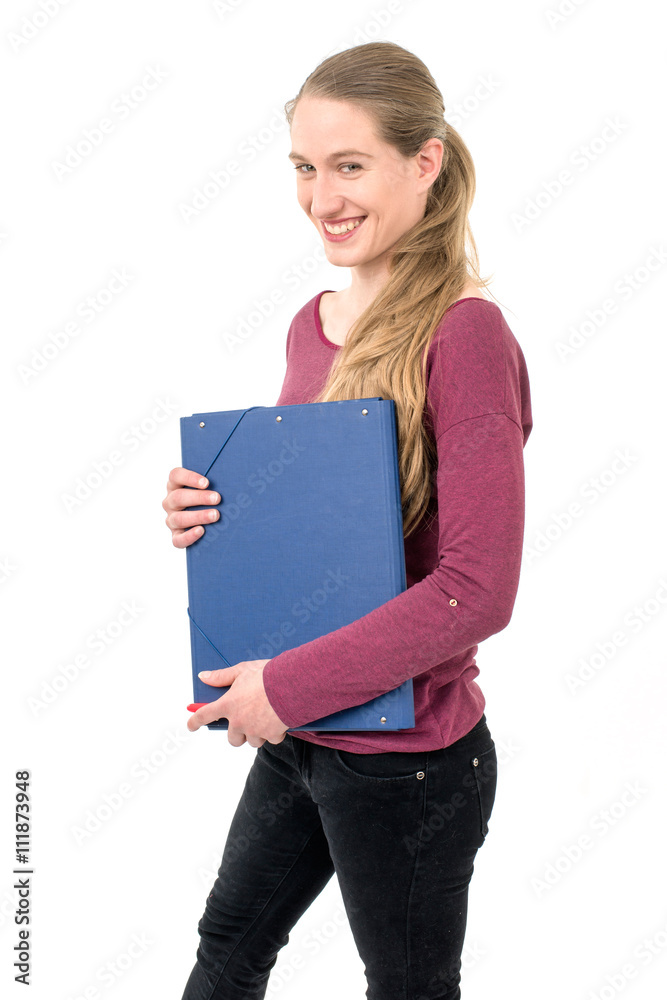 young school girl with folder; on white background young school girl with folder; on white background