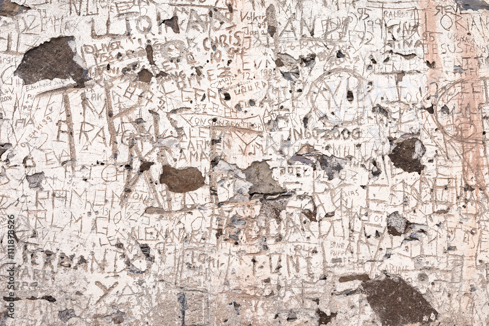 Postgate Farm Inscription Poster Inscription and names carved on a wall of a collapsed and ...
