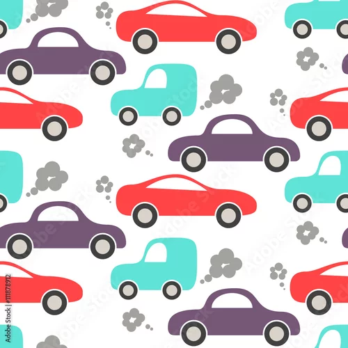 Tapety Samochód słodkie dziecko wektor wzór. Projektowanie tkanin i odzieży dla dzieci. Niebieskie, fioletowe i czerwone samochody na białym tle.