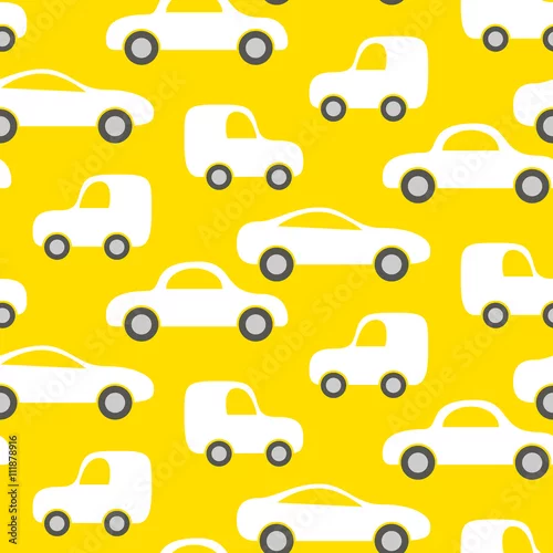 Tapety Samochód słodkie dziecko wektor wzór. Projektowanie tkanin i odzieży dla dzieci. Jasne żółte samochody dostawcze na białym tle.