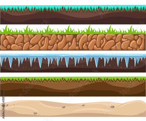 Illustration of a set of seamless grounds, soils and land foreground area with ice, desert, beach, sand, roots and grass layers and patterns for ui game. Seamless grounds, soils and land vector set.