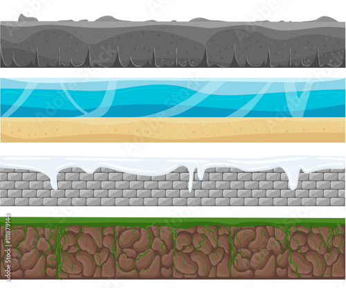 Illustration of a set of seamless grounds, soils and land foreground area with ice, desert, beach, sand, roots and grass layers and patterns for ui game. Seamless grounds, soils and land vector set.