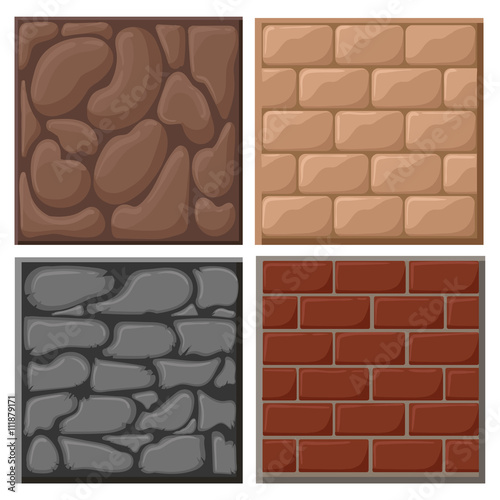 Different materials and textures for the game. Vector flat set Ground game patterns set, vector stone textures collection