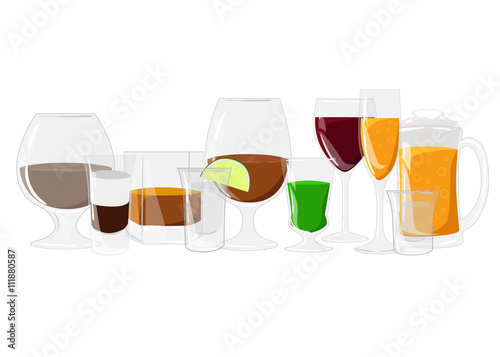 Alcohol drinks set different alcohol bottle and glasses