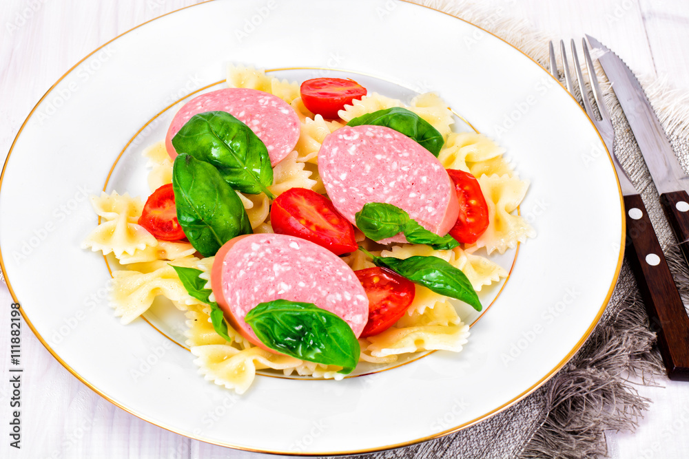 Pasta with Tomato, Salami and Basil
