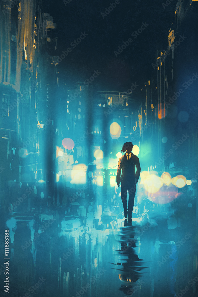 Fototapeta premium man walking at night on the wet street,illustration