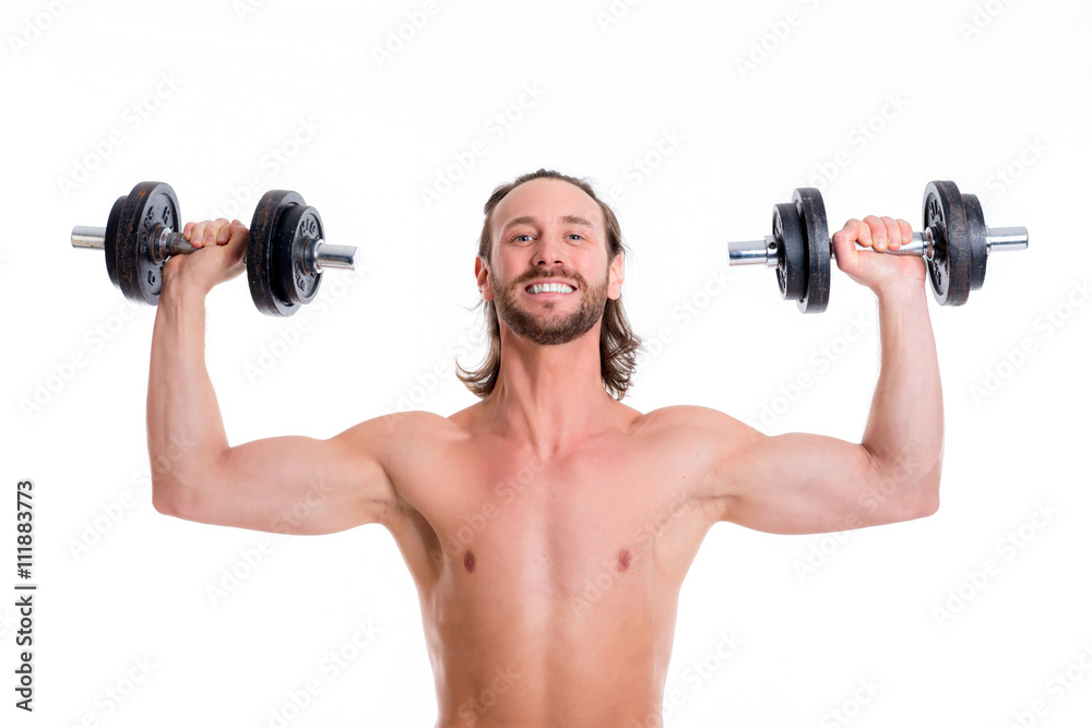 young man with exercised body train with bar-bell