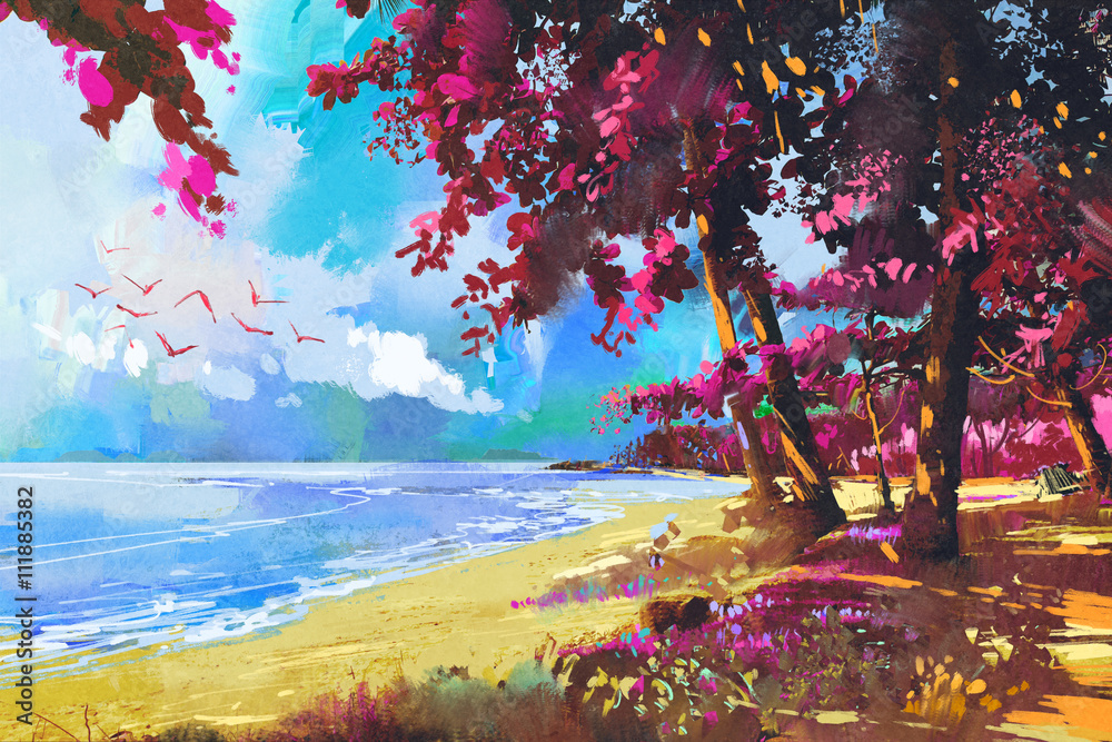 Obraz różowe drzewa na plaży, lato, ilustracja krajobraz