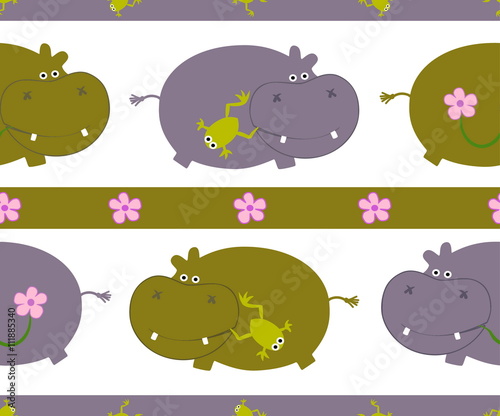 Drawing of a seamless pattern with cute behemoths in cartoon style with a frog and flower on a white background