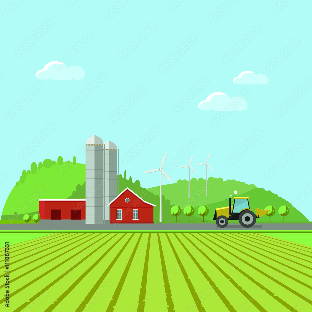 Rural landscape, environment. Flat design vector illustration concept ...