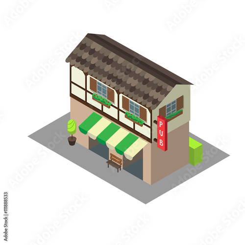 Vector isometric building pub or cafe. Isometric icon or infographic element pub or cafe on white background.