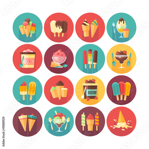 Ice cream and frozen desserts and sweets icon collection. Flat vector circle icons set with long shadow. Food and drinks.