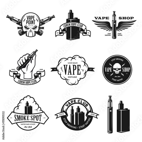 Set of vape, e-cigarette emblems, labels, prints and logos. Vector illustration.