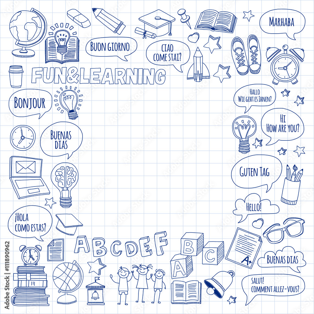 Language school linear doodle icons on notebook paper