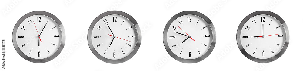 Collage of round wall clocks, isolated on white Collage of round wall clocks, isolated on white
