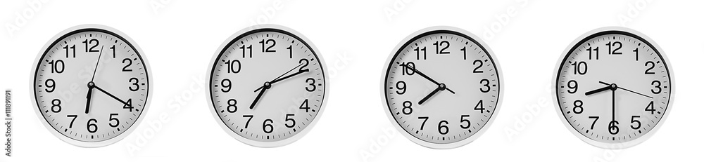 Collage of round wall clocks, isolated on white Collage of round wall clocks, isolated on white