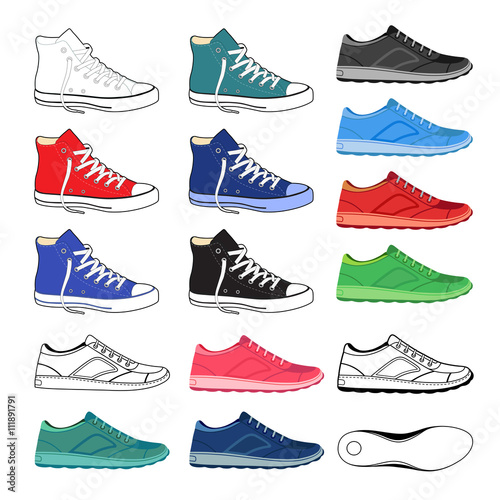 Black outlined & colored sneakers shoes set
