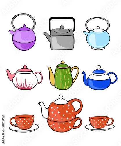 Tea collection. Hand draw vector illustration cup, teapot line