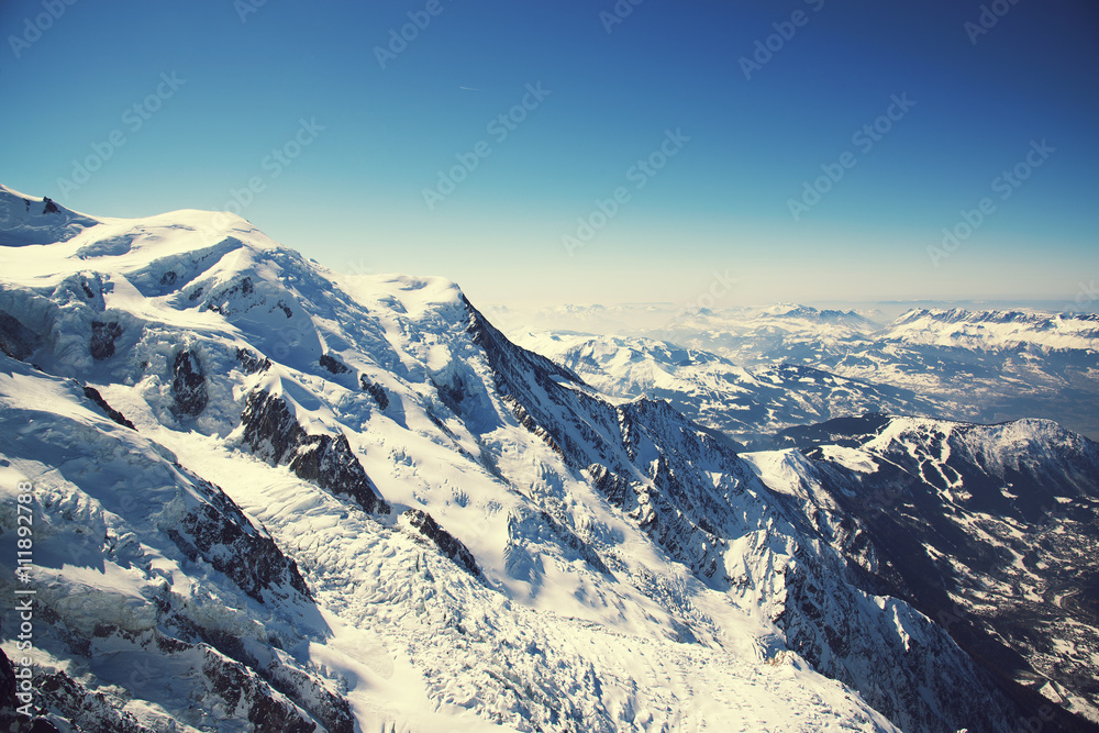 Grand Jorasses and freeriders, extreme ski, Aiguille du Midi, French Alps