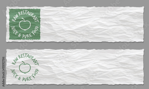 Set of two banners with crumpled paper and raw restaurant icon