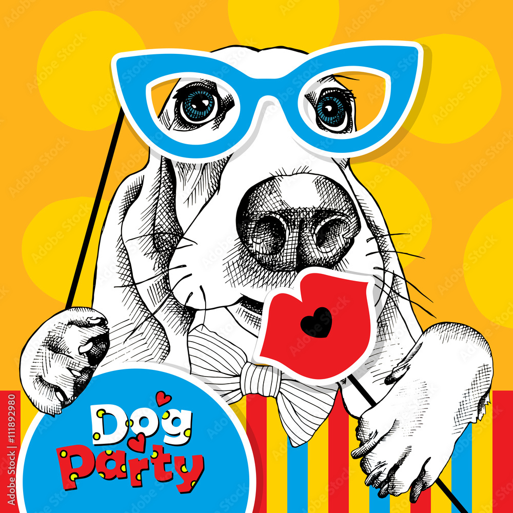 Fototapeta premium Festive poster with the portrait of a dog Basset Hound with the photo booth props. Vector illustration.