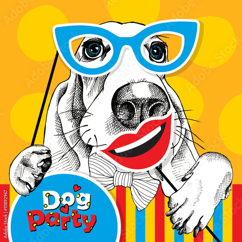 Festive poster with the portrait of a dog Basset Hound with the photo booth props. Vector illustration.