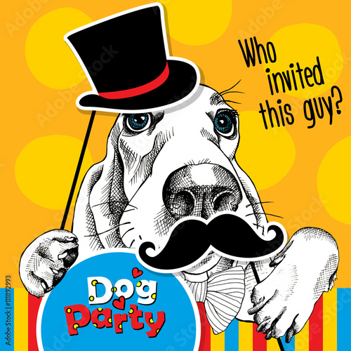 Festive poster with the portrait of a dog Basset Hound with the photo booth props. Vector illustration.